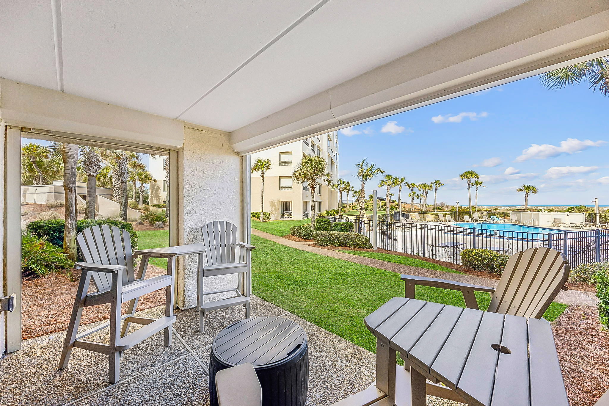 The covered patio extends the living space with a private, easy spot to relax outdoors ...