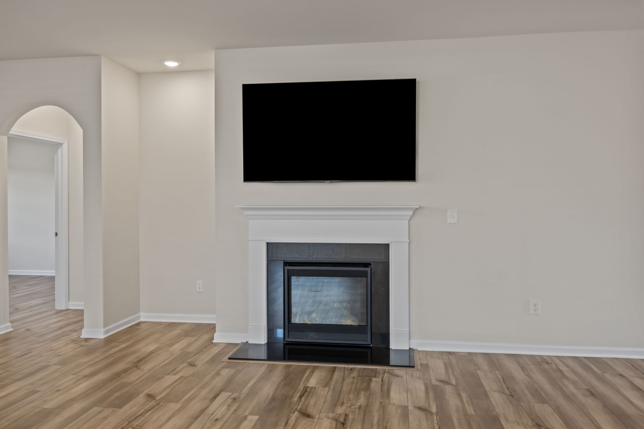 Gas fireplace trimmed by a classic mantel.  The recessed, lighted cove might showcase a favorite bookcase, artwork or china cabinet.  Arched doorway leads to your Primary Suite.