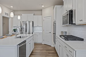 Lots of room! Thoughtfully designed with large stainless sink and pull down sprayer near island dishwasher.  GOURMET UPGRADE PACKAGE.  Custom built-in gas range!