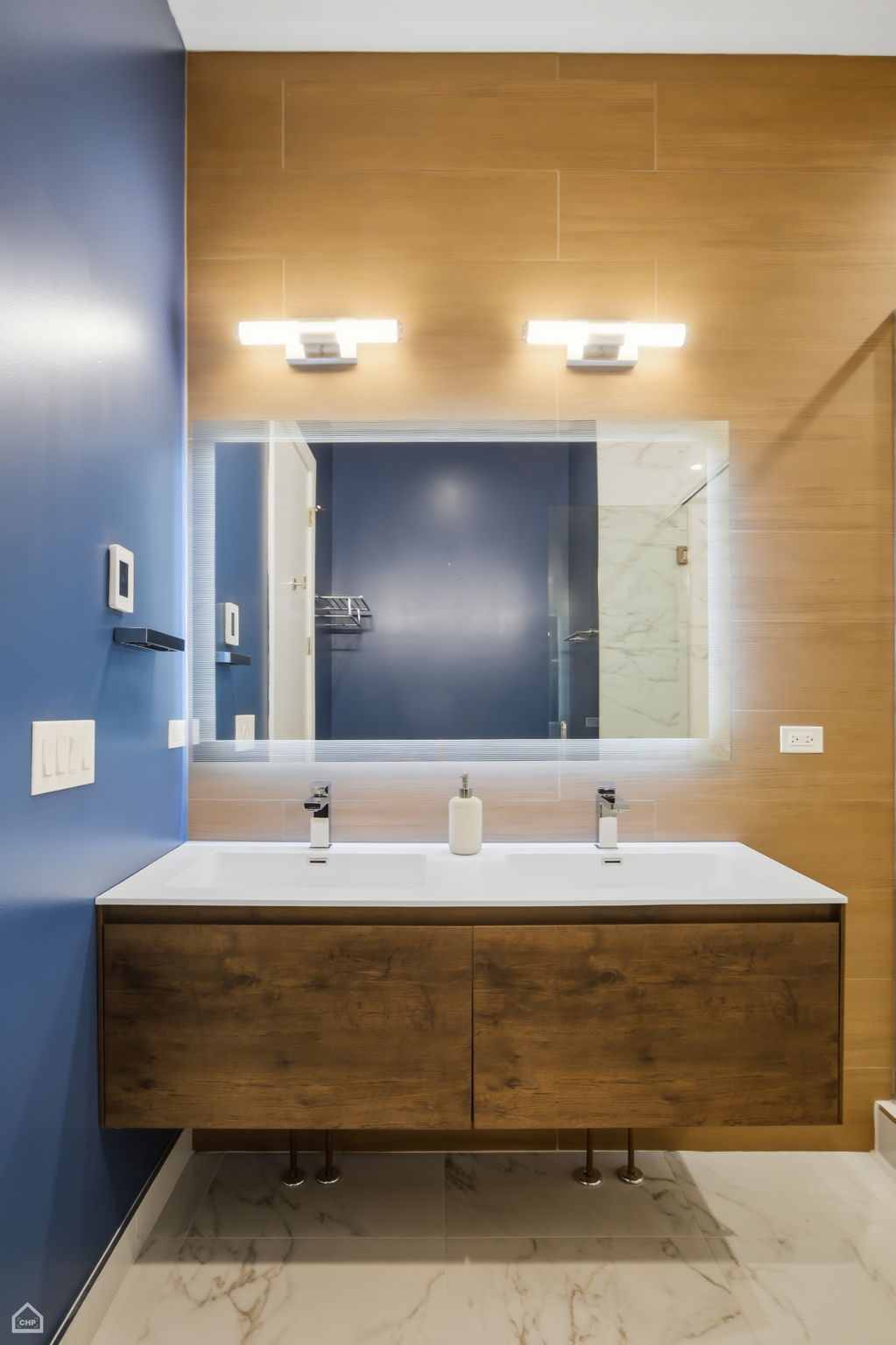 Floating double vanity, custom lighting