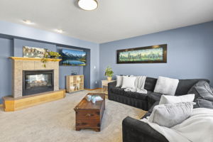 Open family room with double sided fireplace and new carpet and lighting