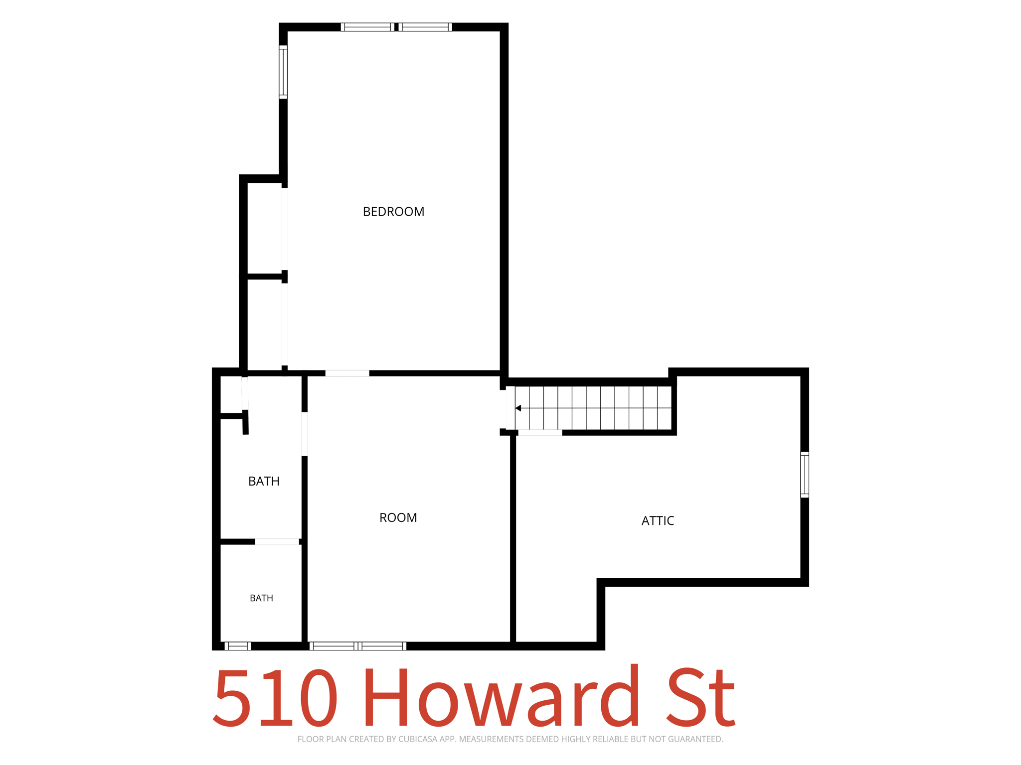 Upper level layout.  The left side is the street side.  The area marked Attic is the hidden room accessed from the stairs.  Digitally altered to add the address.