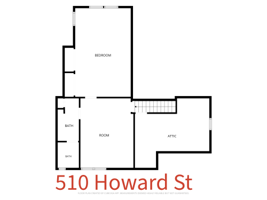 Upper level layout.  The left side is the street side.  The area marked Attic is the hidden room accessed from the stairs.  Digitally altered to add the address.