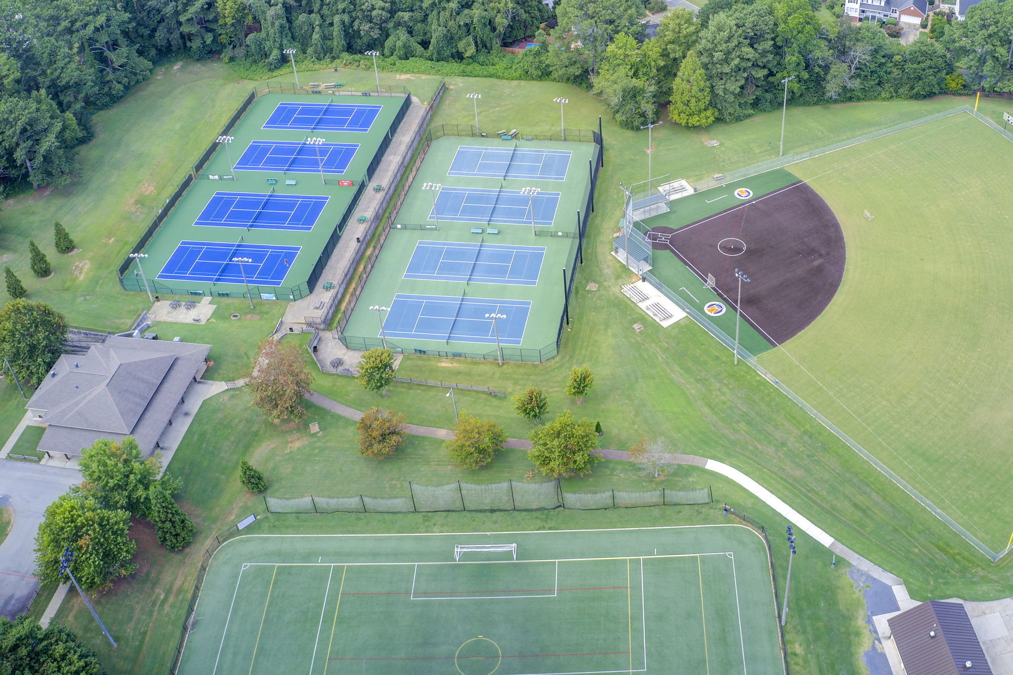 45 Aerial Terrell Mill Park Tennis Courts w Baseball Soccer Partial