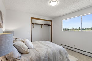 Bedroom 3 — open closet, west-facing territorial view, brand-new carpet. Same story as bedroom 2, different angle.