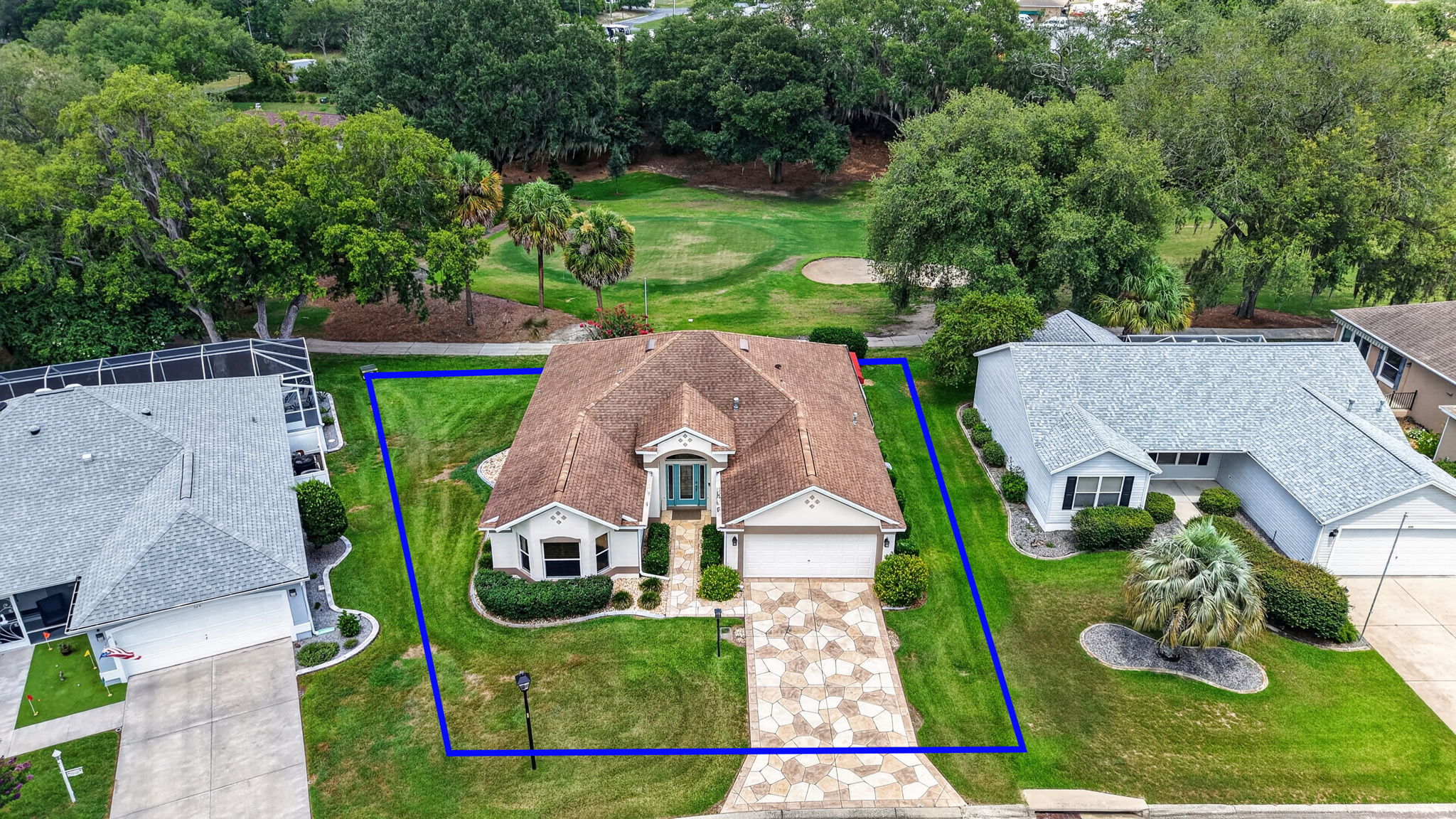 Aerial Front Elevation with Property Lines and Golf Front Views!