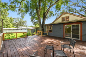 Huge re-stained wood deck with new railings