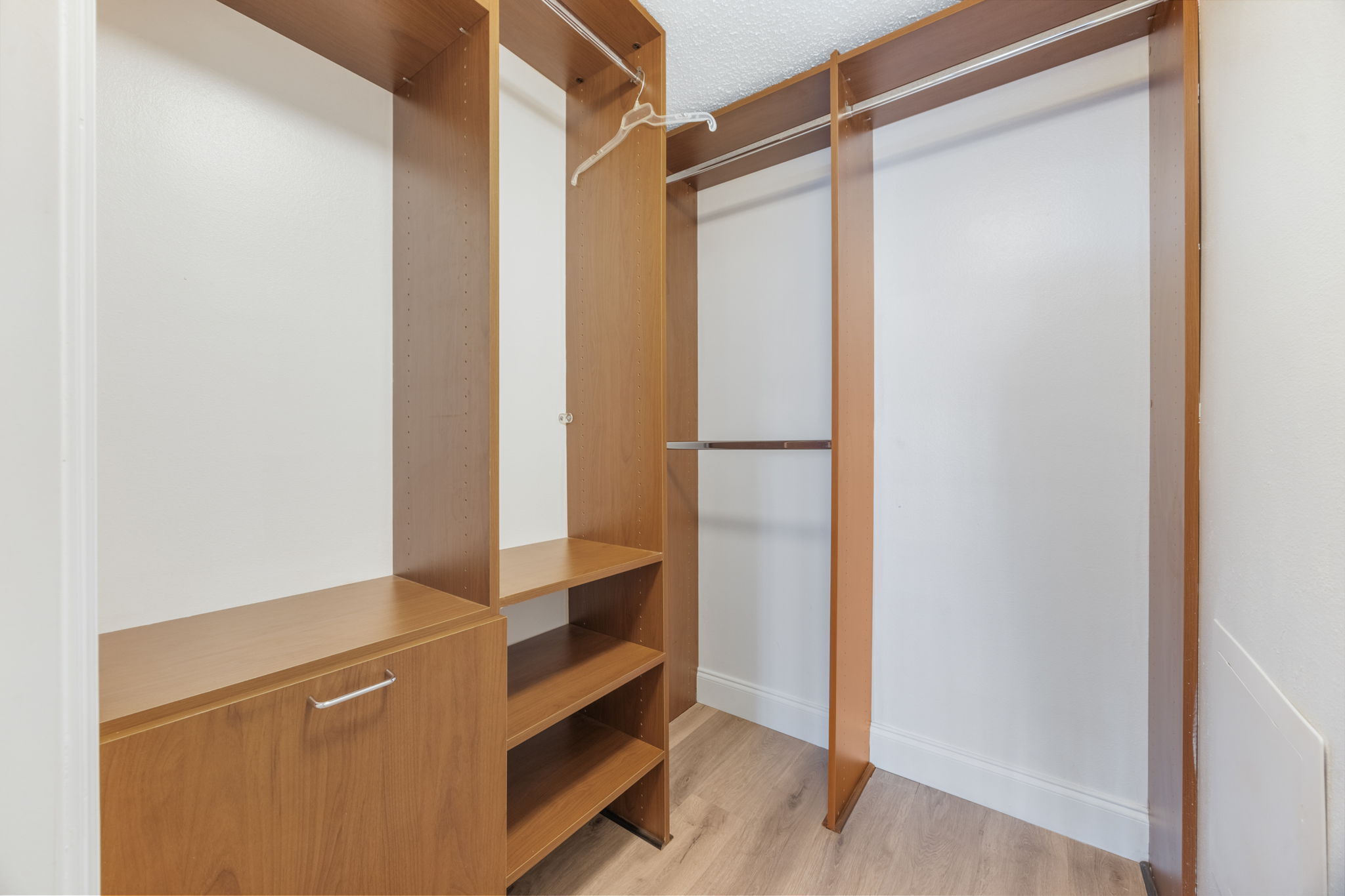 Primary suite custom walk-in closet.