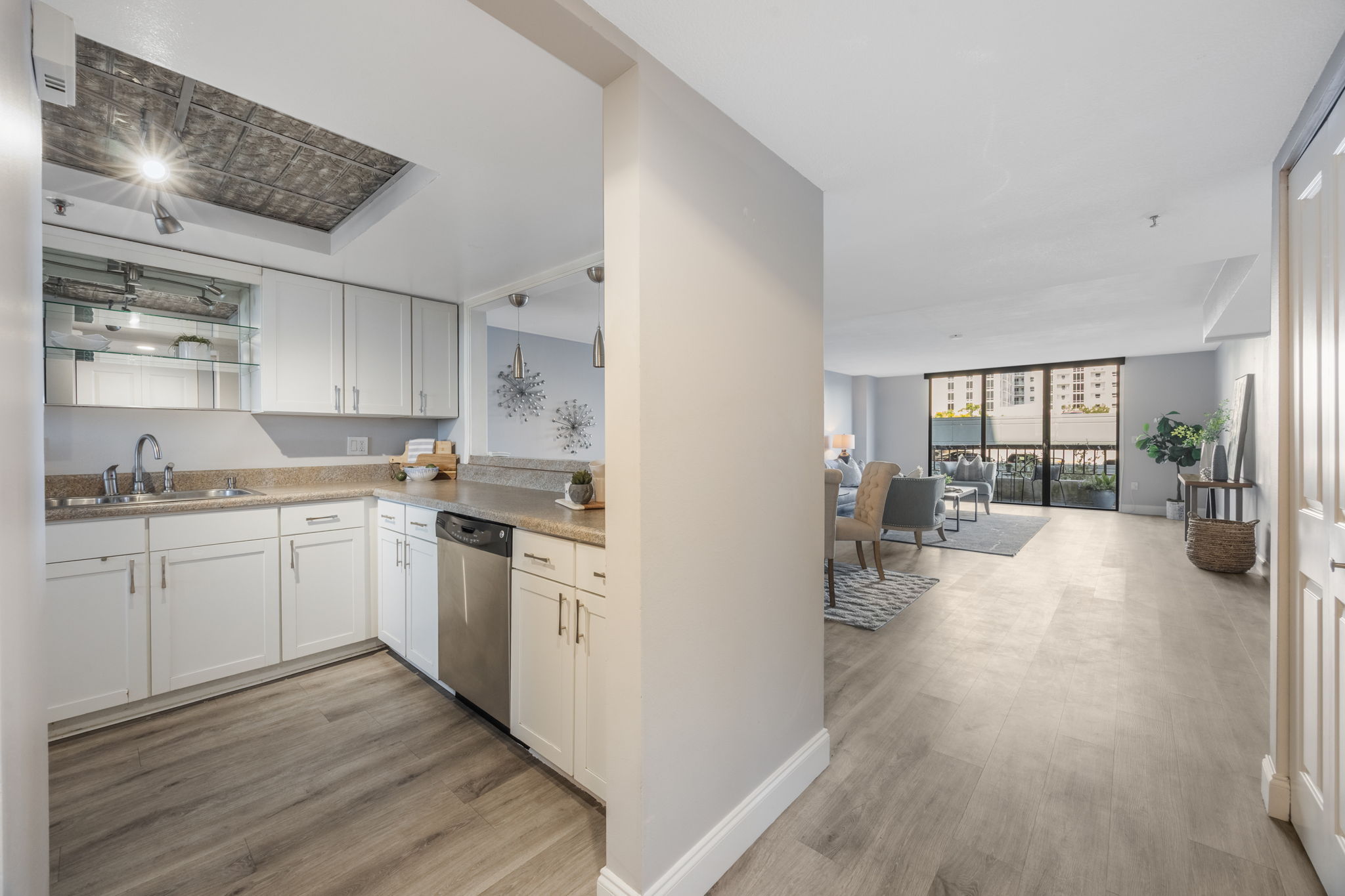 View from the foyer to the kitchen and main living.