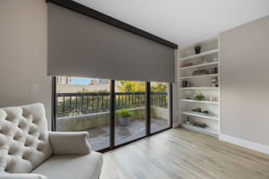 Primary sliders  to balcony offer remote controlled electronic blackout shades to ensure privacy and offer a restful sleep no matter what time of the day.