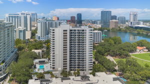 Aerial of 530 E Central with view of Lake Eola and city scape.