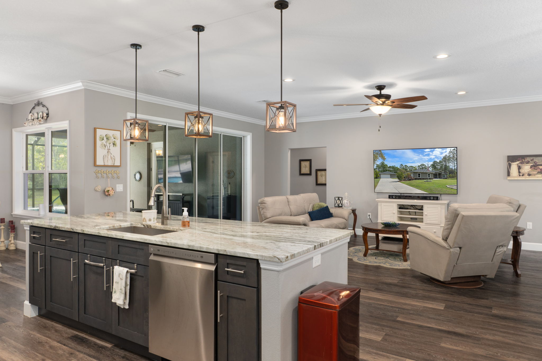 View from across the kitchen into the great room. The breakfast nook is to the left, out of the picture.