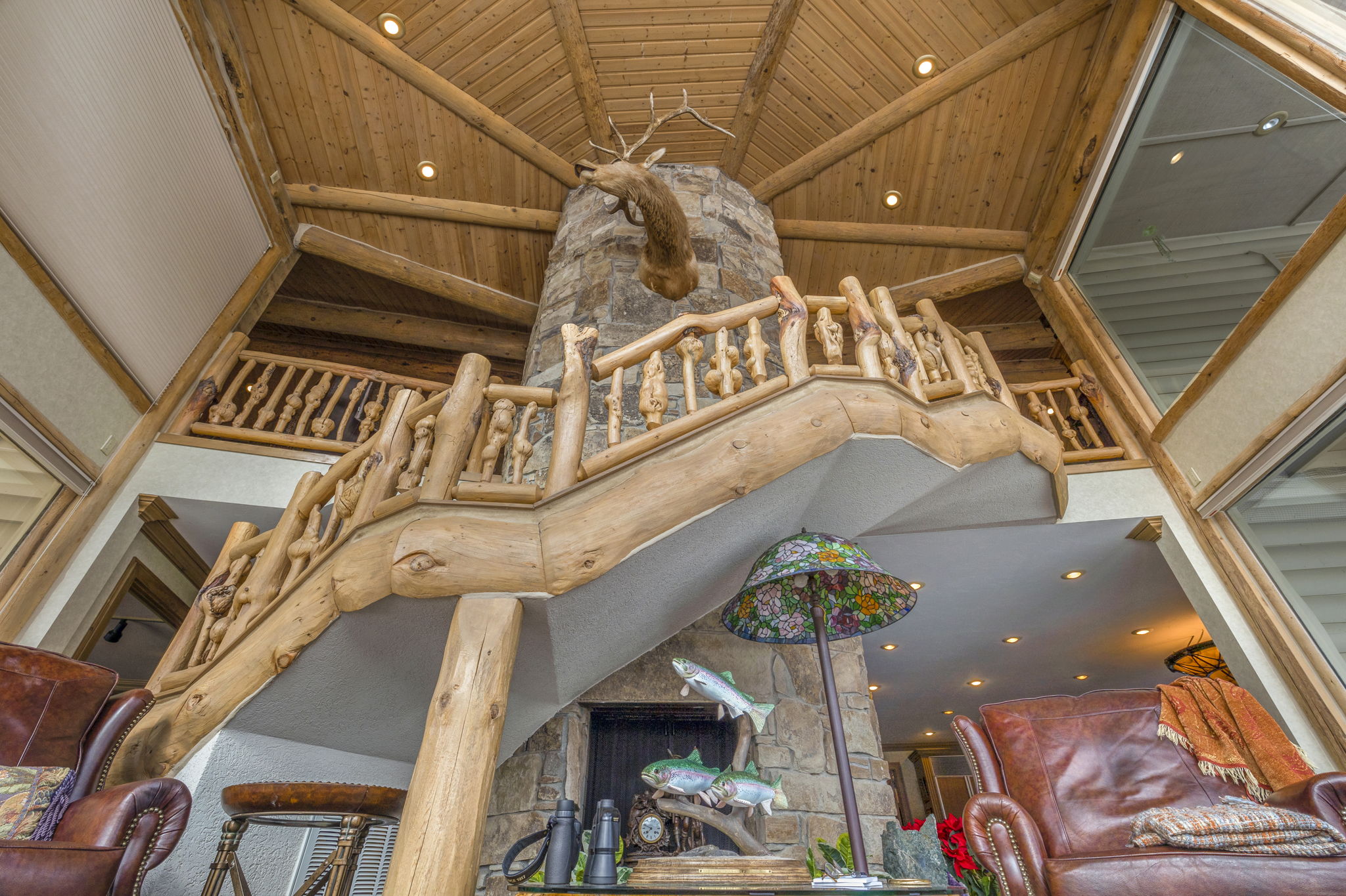 Handrails are made out of burl wood. Burl wood is not only rare, but prized for its unique shapes and ring patterns.
