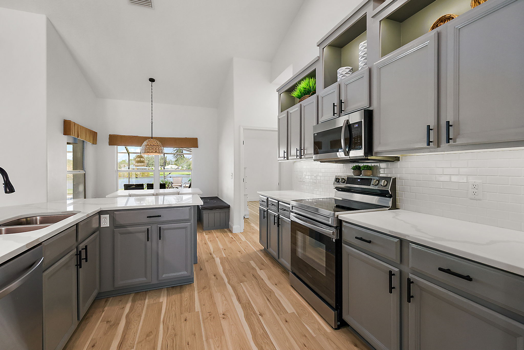 Beautiful Gray Cabinetry with Customized Up-Lit Display Boxes!