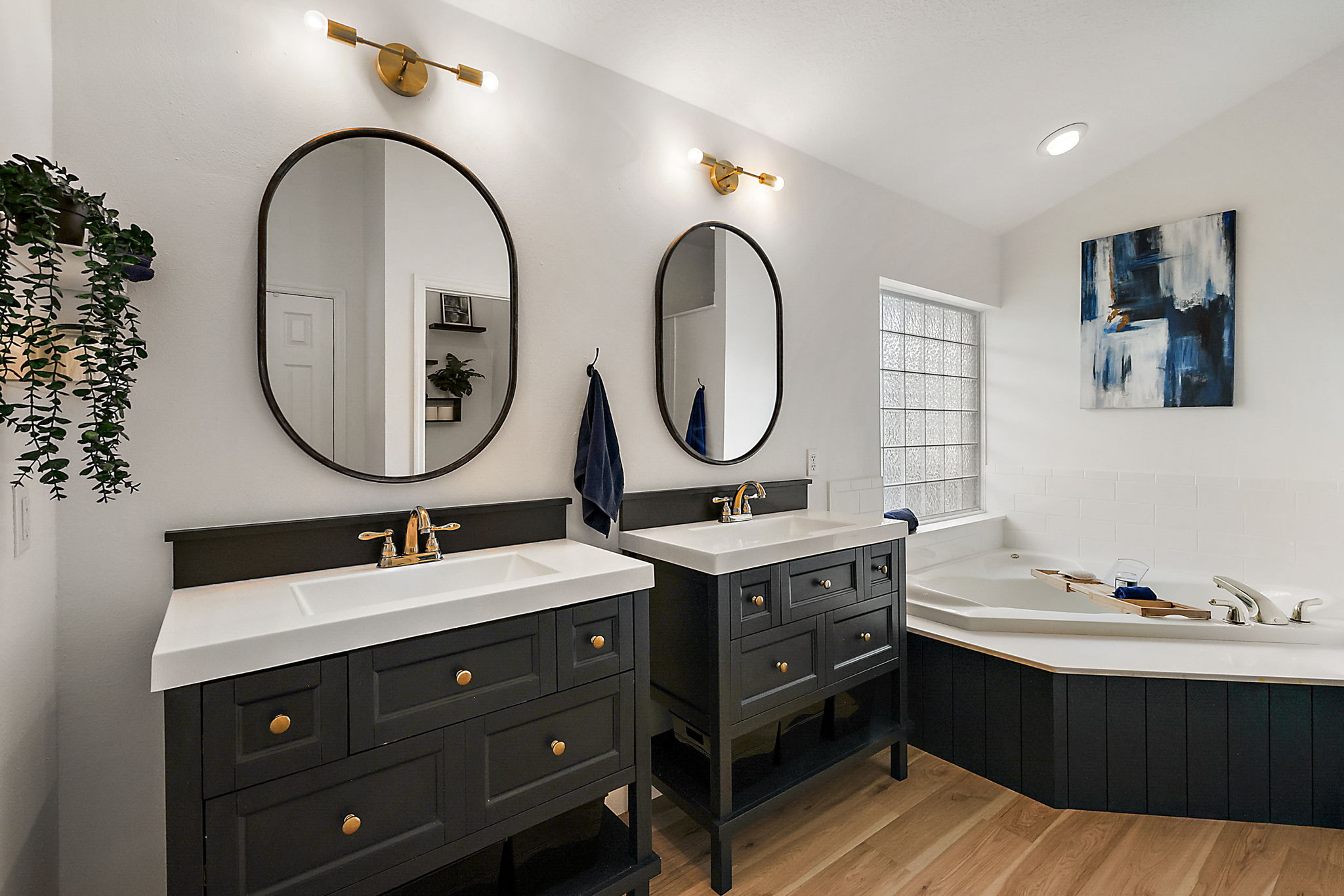 GORGEOUS EN-SUITE Primary Bathroom with Striking Deep Blue DOUBLE Vanities!!!