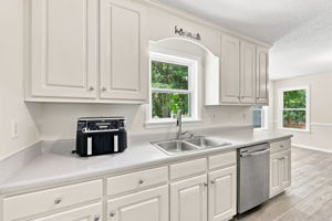 Double sink beneath a sunlit window