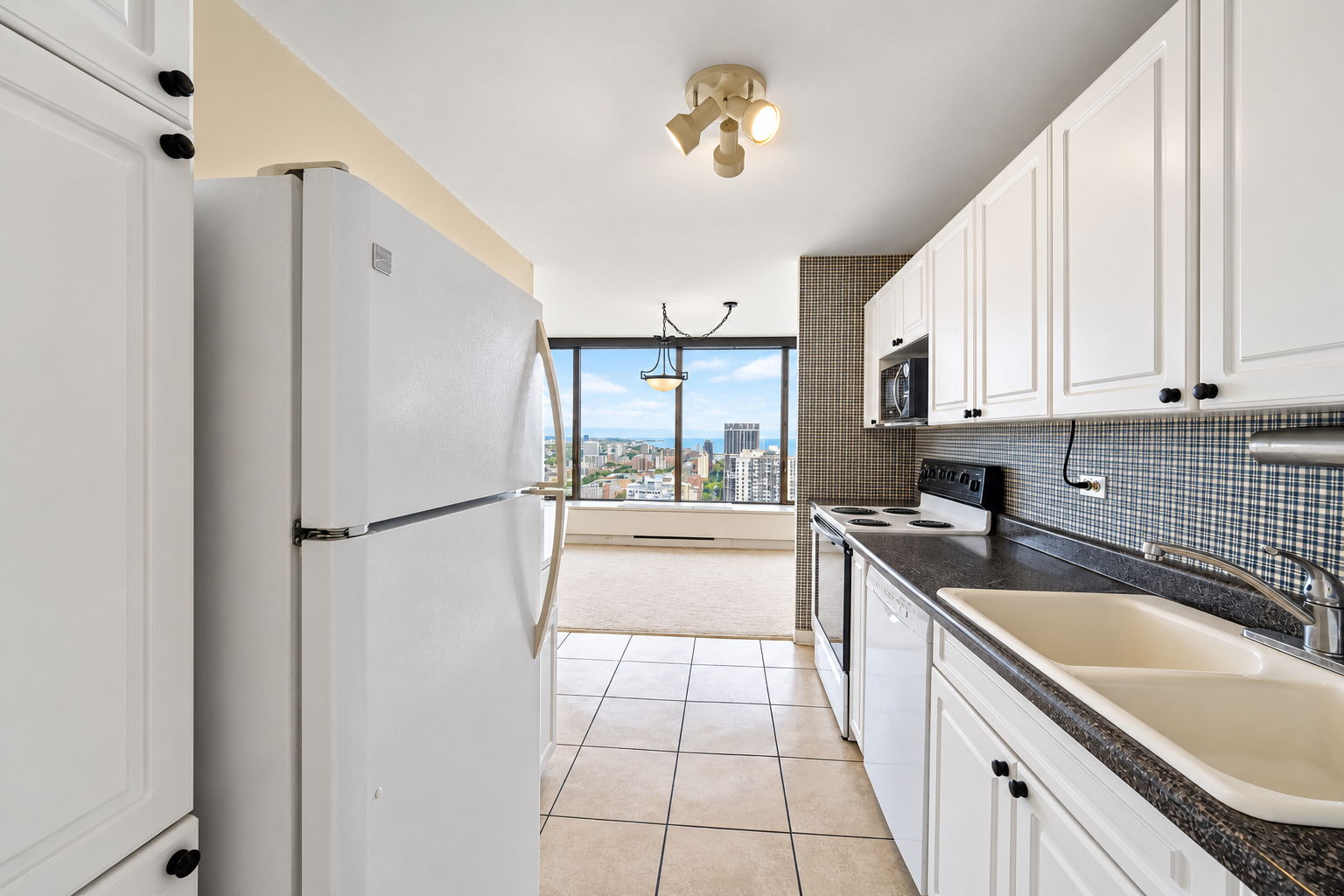 Galley kitchen toward window