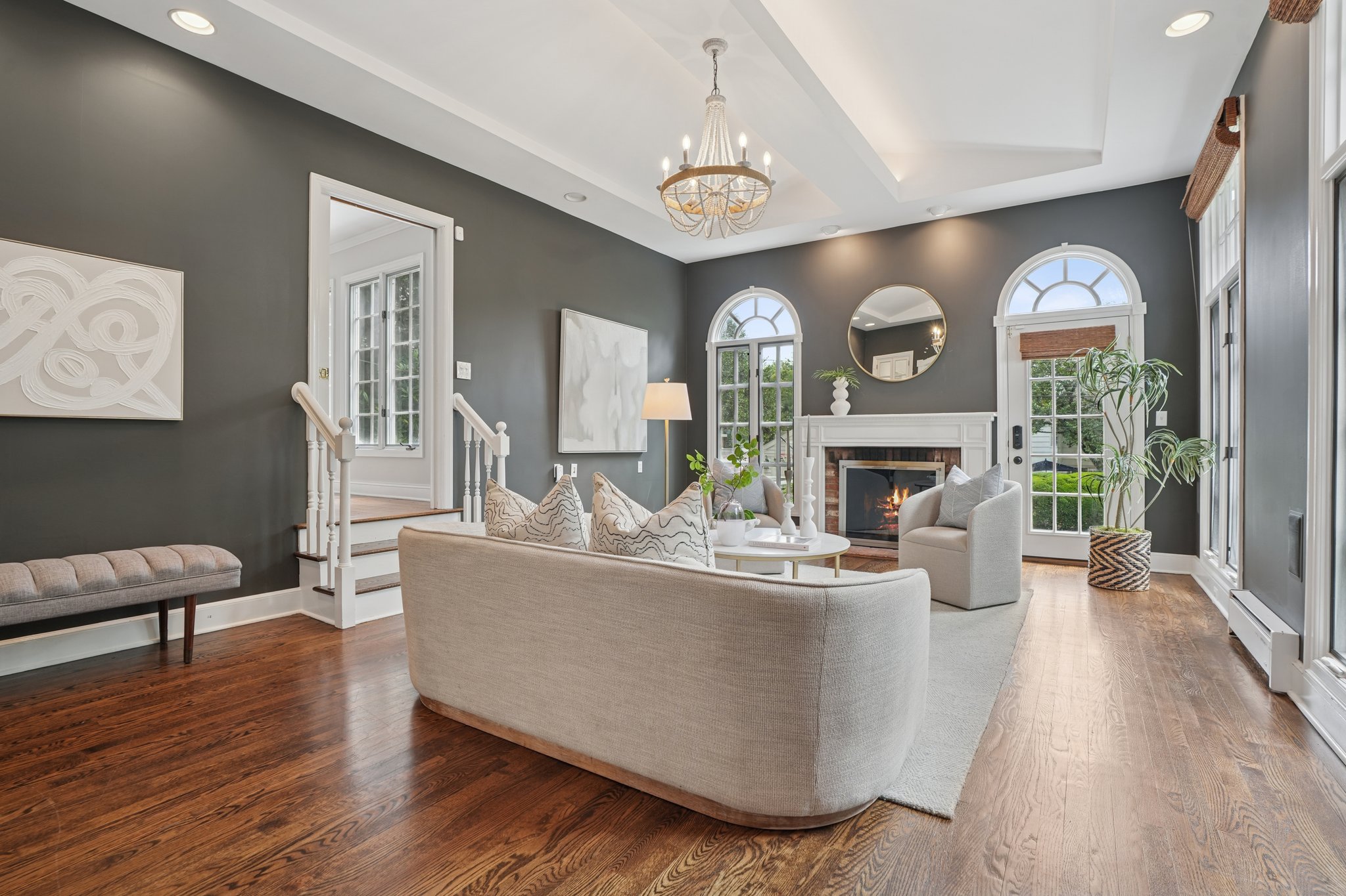 Family Room with floor to ceiing windows