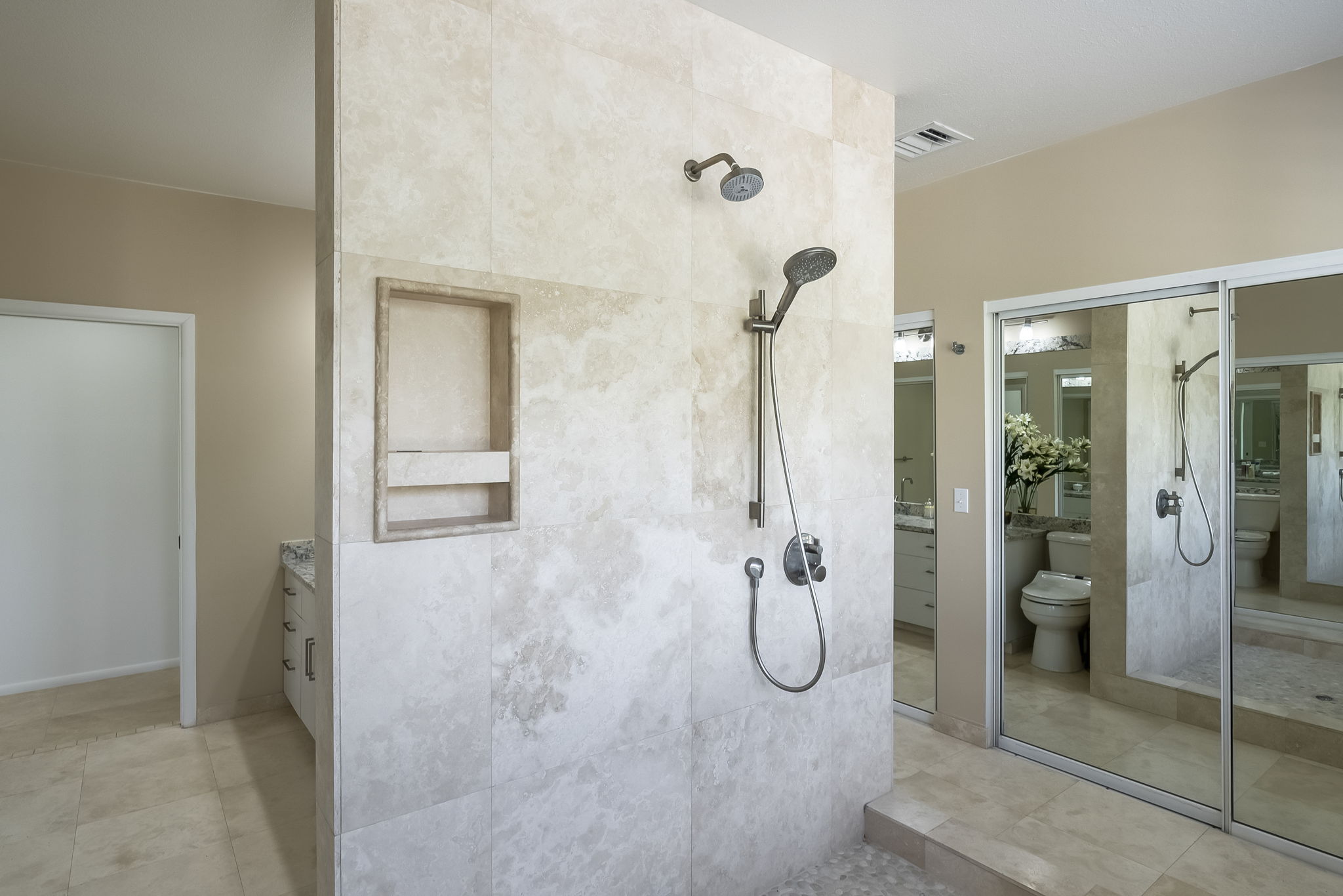 Master Bath XXL open shower, with view of Her Closet