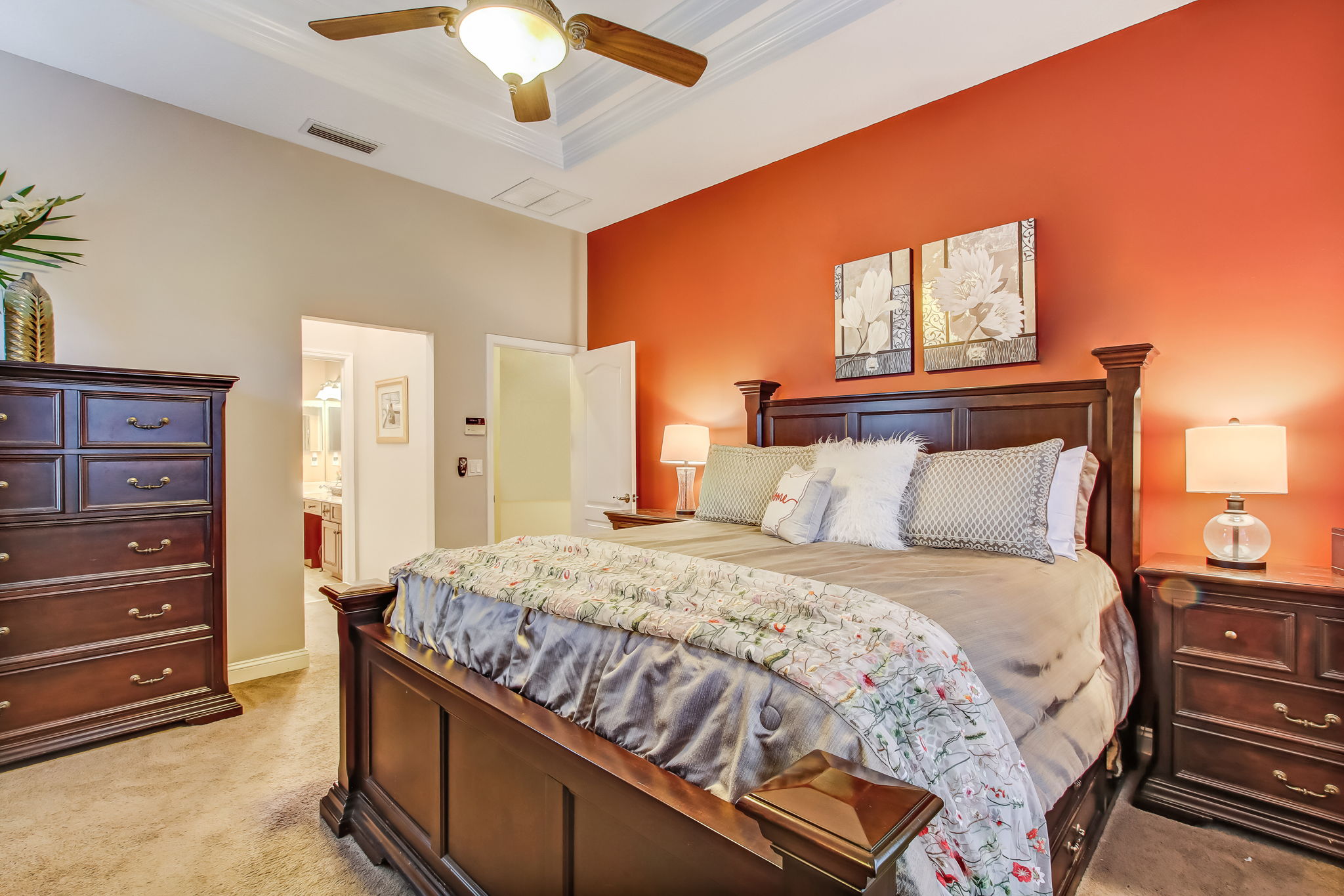 Large master bedroom accommodates king, two dressers and oversized nightstands