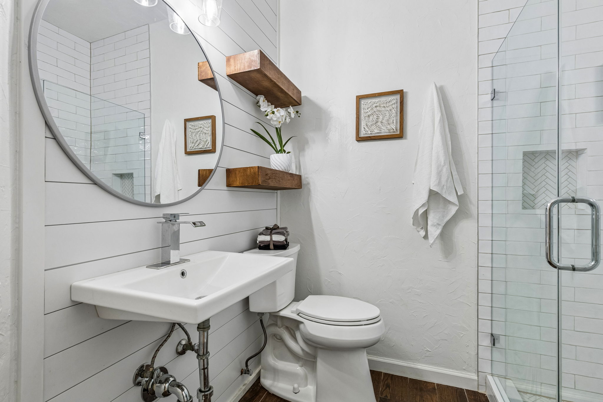 Hall bath is light and fresh