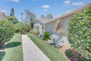 Exterior side yard featuring low-maintenance landscaping and a concrete paver walkway