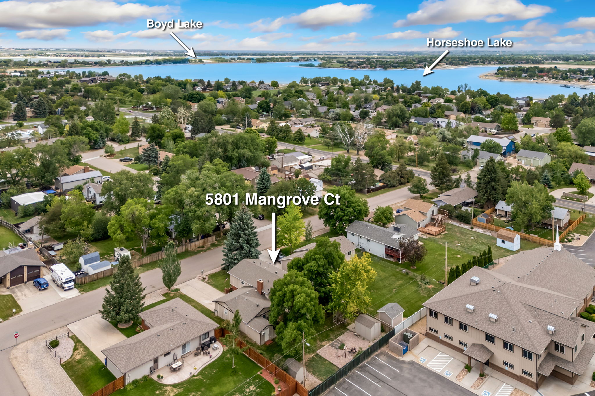 Aerial view back of property and proximity to Boyd and Horseshoe Lakes