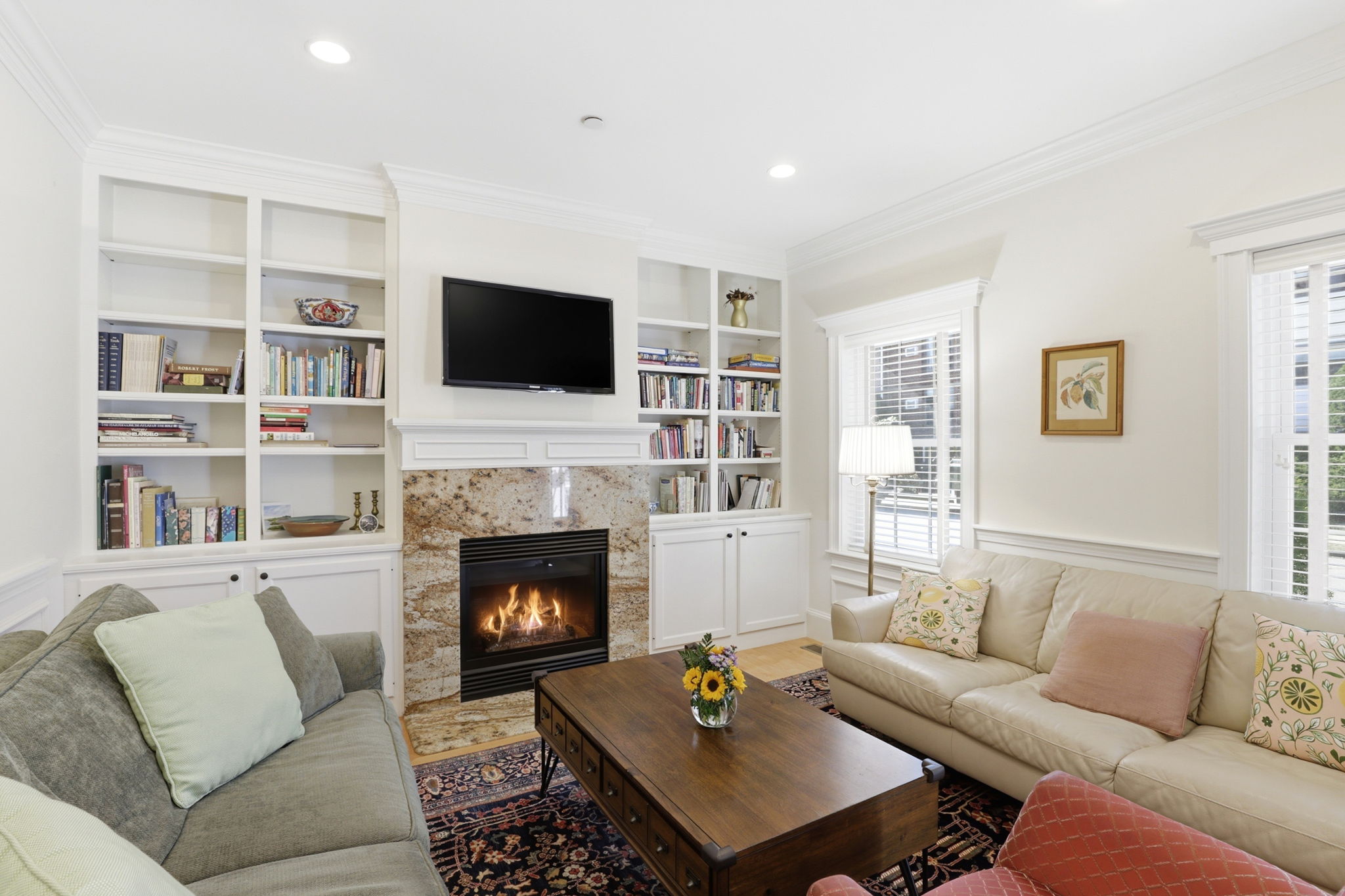 Living Room w Gas Fireplace & Built-In Storage I