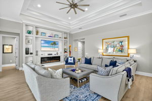 Living Room with built-in entertainment wall & gas fireplace