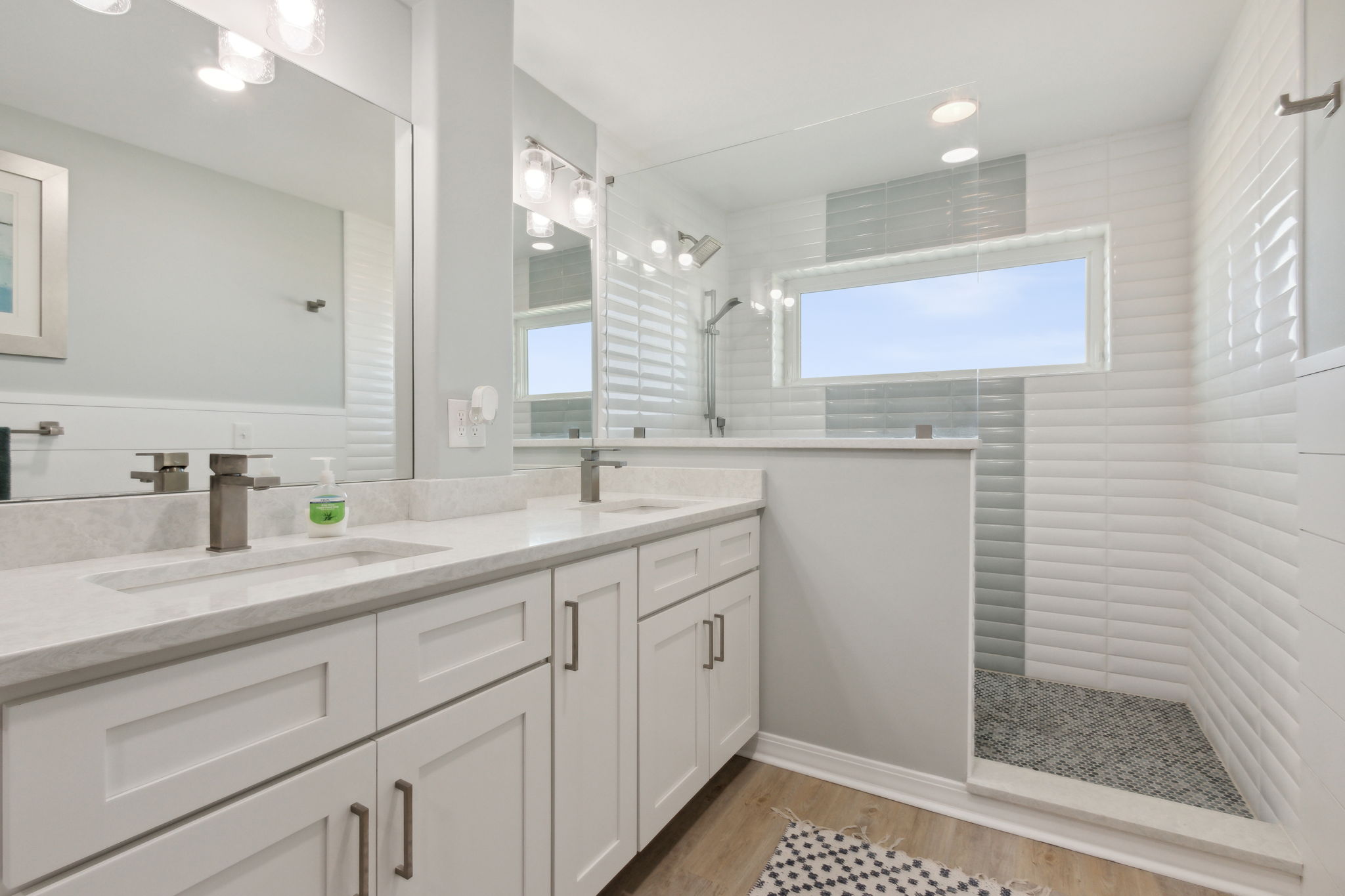 Large tiled shower with ocean view