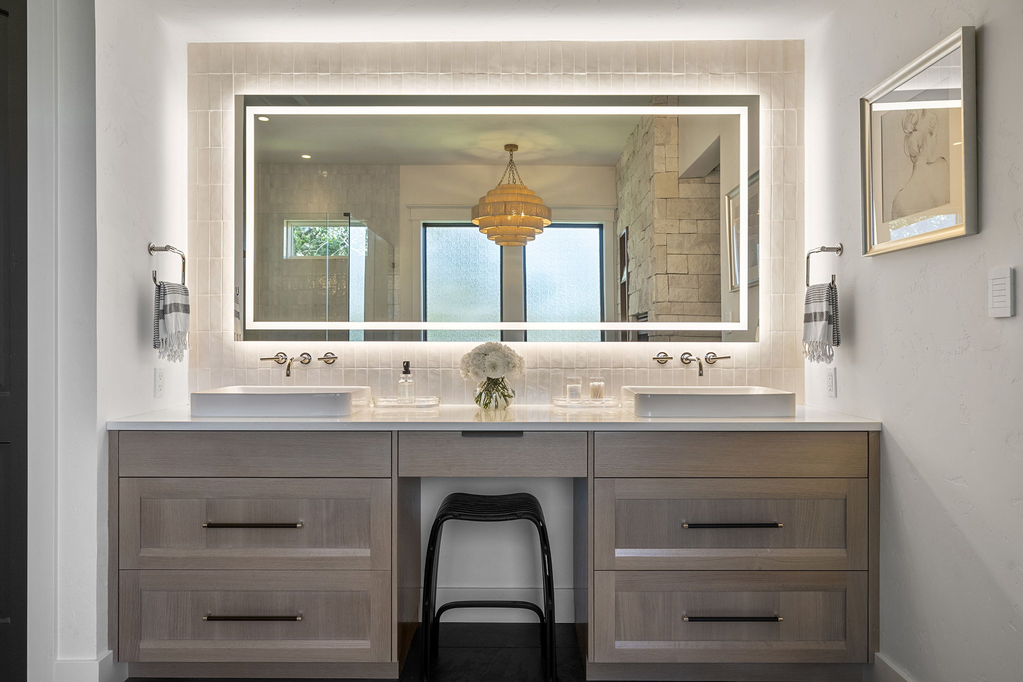 Back and front lit Hollywood mirror and Ann Sacks tile