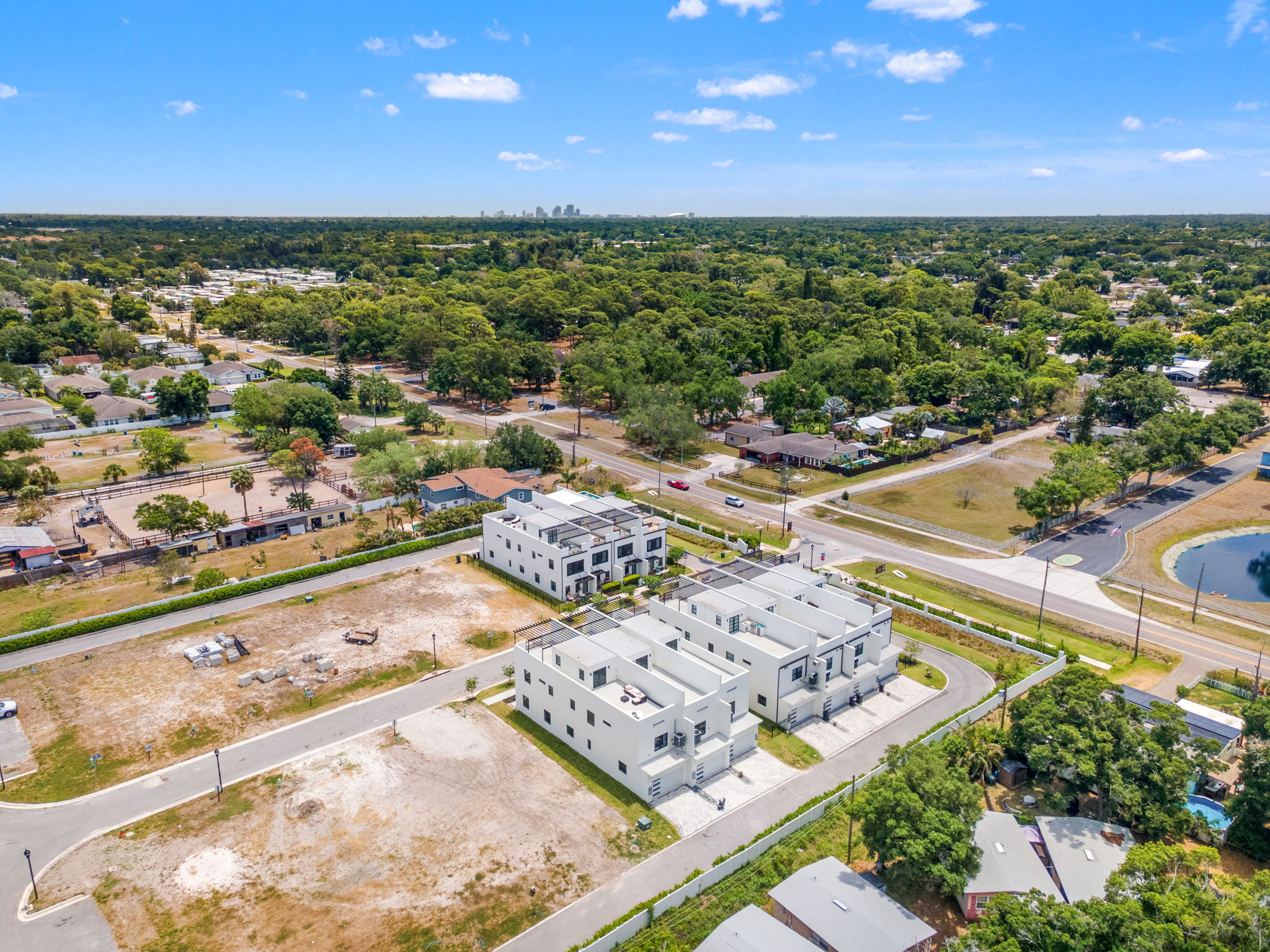 Aerial view over Pinellas Park with the downtown St. Petersburg skyline beyond