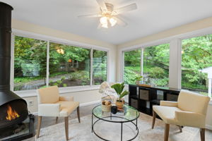 Sunroom with fireplace and woodland views!