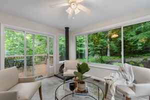 Sunroom with fireplace and woodland views!