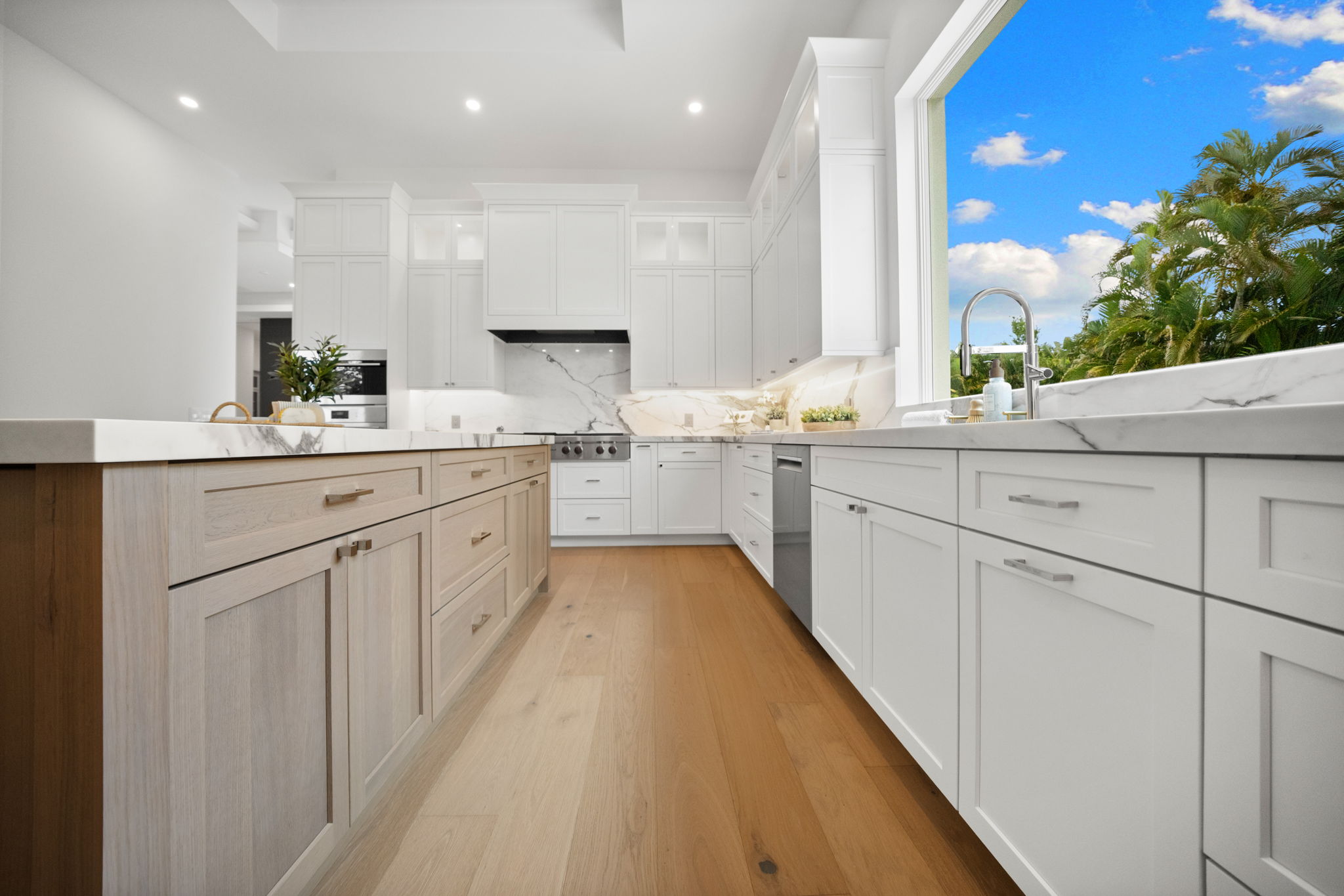 WoodHarbor Bevel Shaker cabinets in white and natural tones