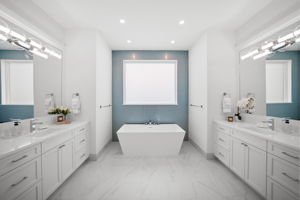 Spacious primary bath featuring a freestanding soaking tub set against a decorative glass tile accent wall