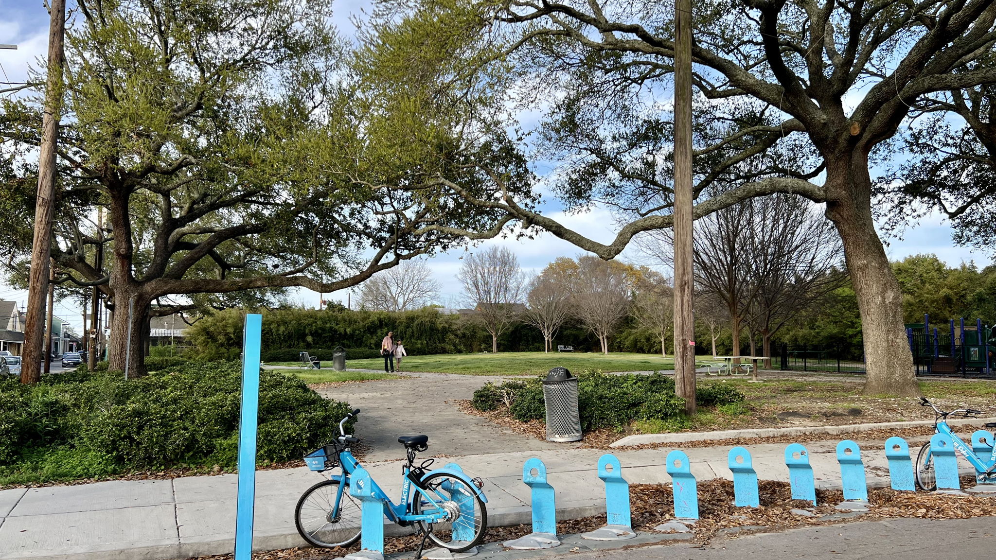 Markey Park has a playground and bike share station