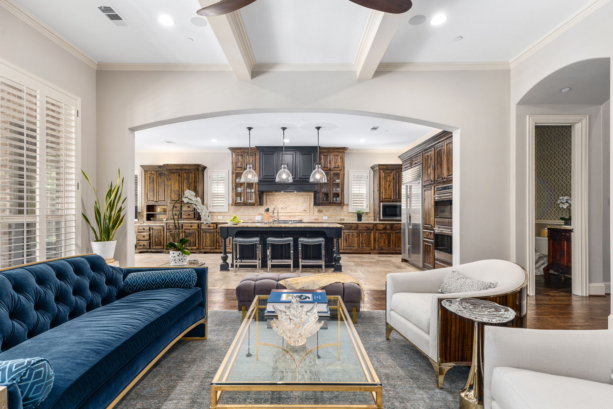 Open concept living room and expansive chef's kitchen