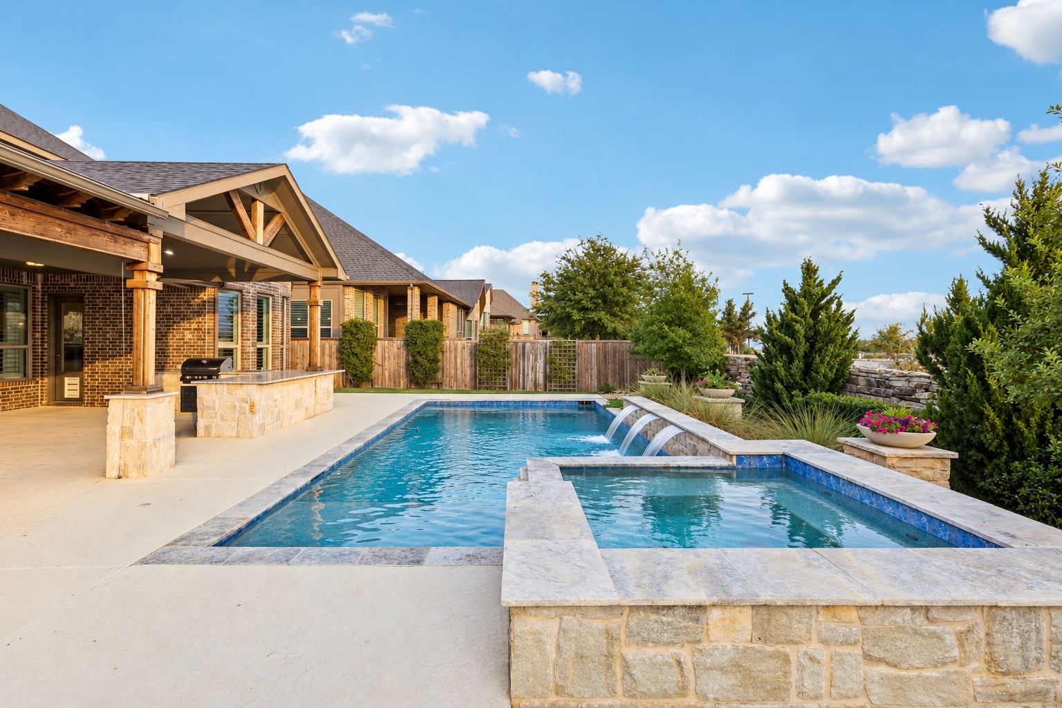 The heated saltwater pool and attached spa feature sheer-descent water elements and are surrounded by thoughtfully designed outdoor living spaces and mature landscaping