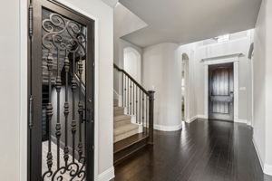 A custom wrought iron door welcomes you to your own 251+ bottle wine cellar