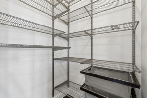 The walk-in pantry is outfitted with an Elfa storage system, providing abundant adjustable shelving and organized storage.
