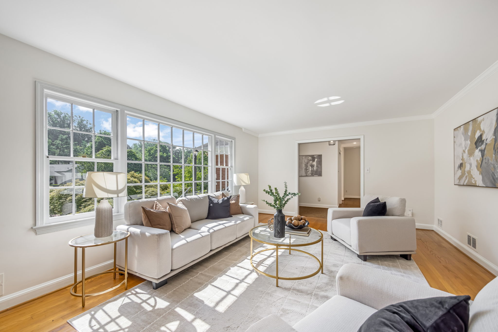 Living Room with Large Picture Window & Fireplace