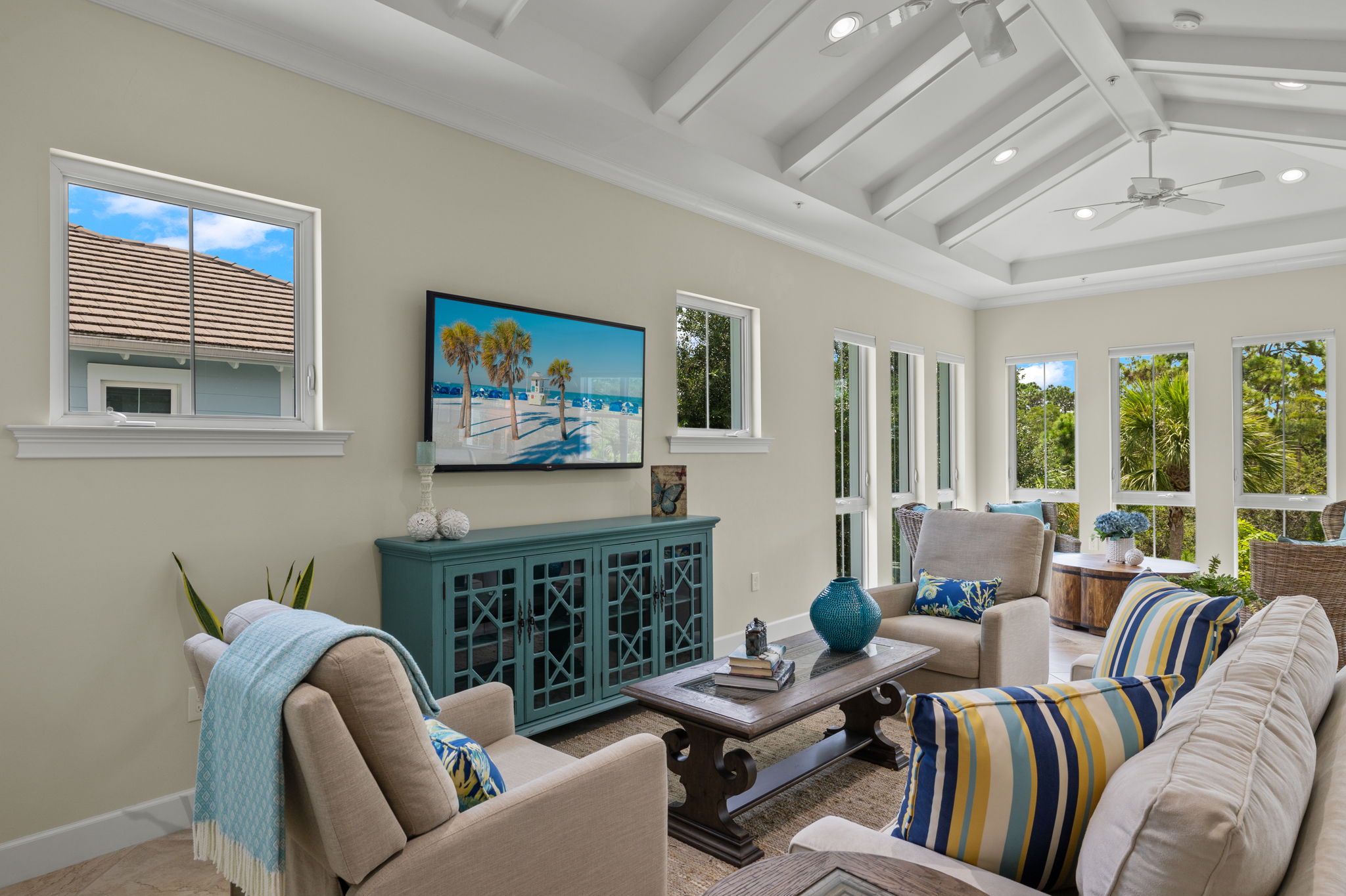 Living Room w/Dramatic Beamed Ceilings