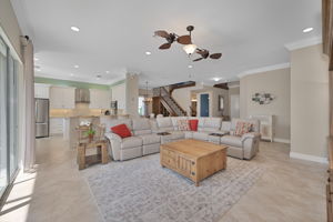 Open kitchen, living room and dining area.