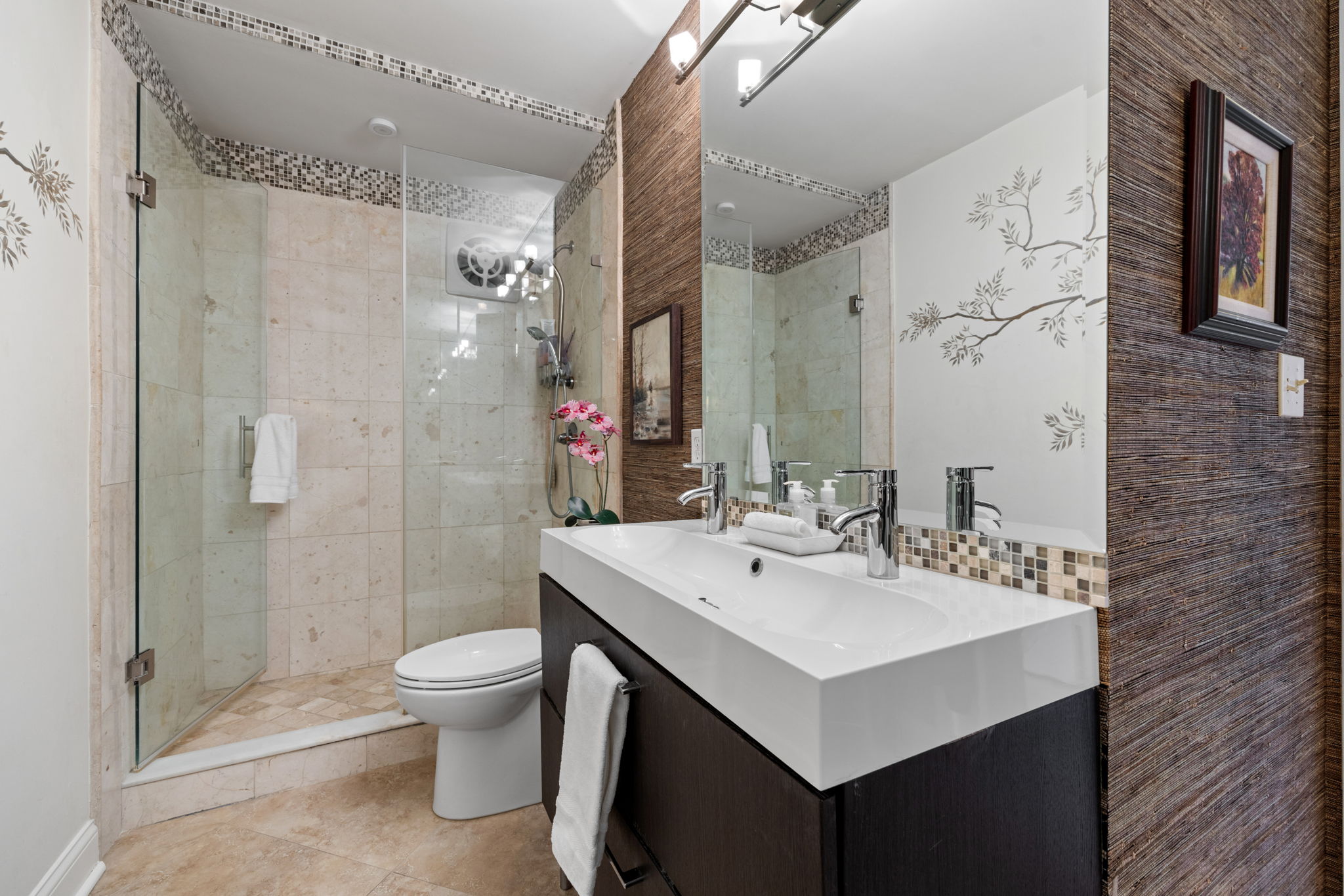 Completely Remodeled 3/4 Bathroom with Gorgeous Tile Floor & Shower with Glass Enclosure/Vanity with Trough Sink & Double Faucets