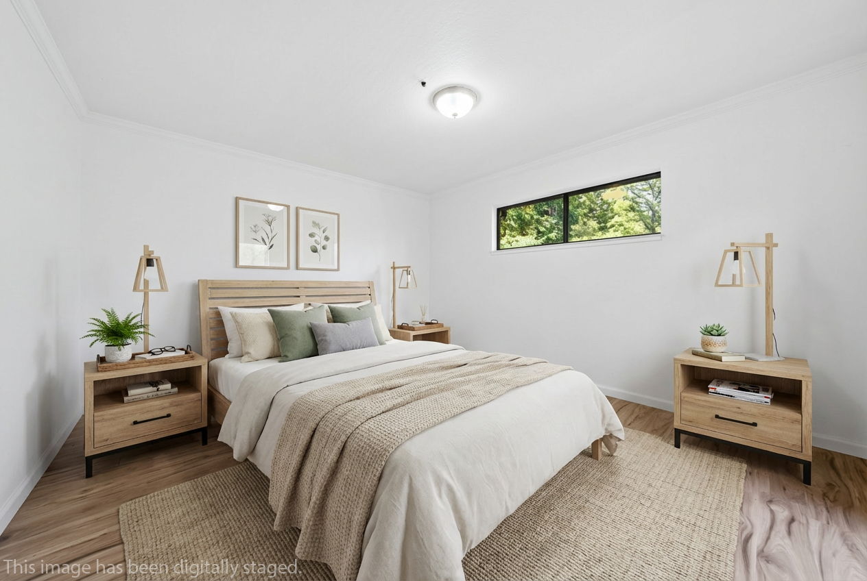 Digitally staged second floor bedroom