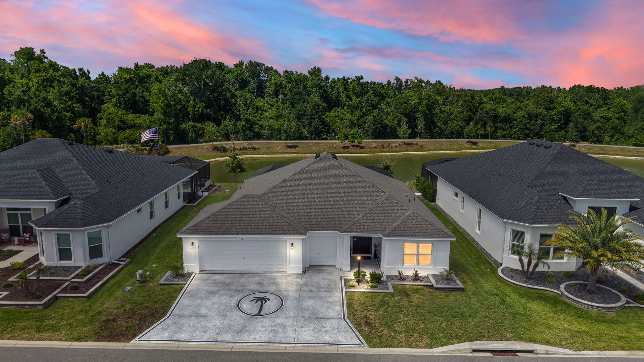 Aerial Twilight  Front Elevation with Water Views