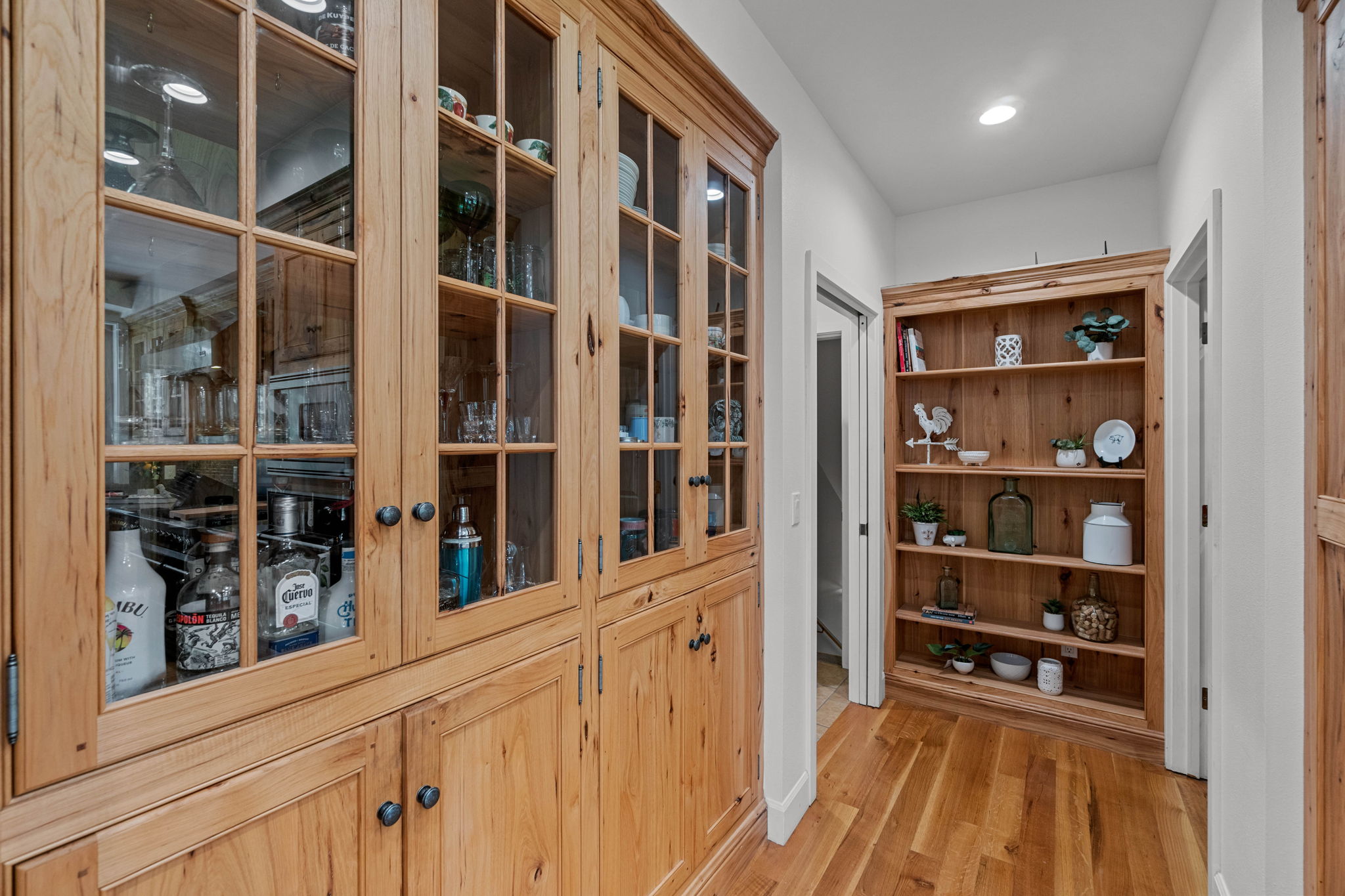 Glass fronted Hickory cabinets to display dishes & glassware