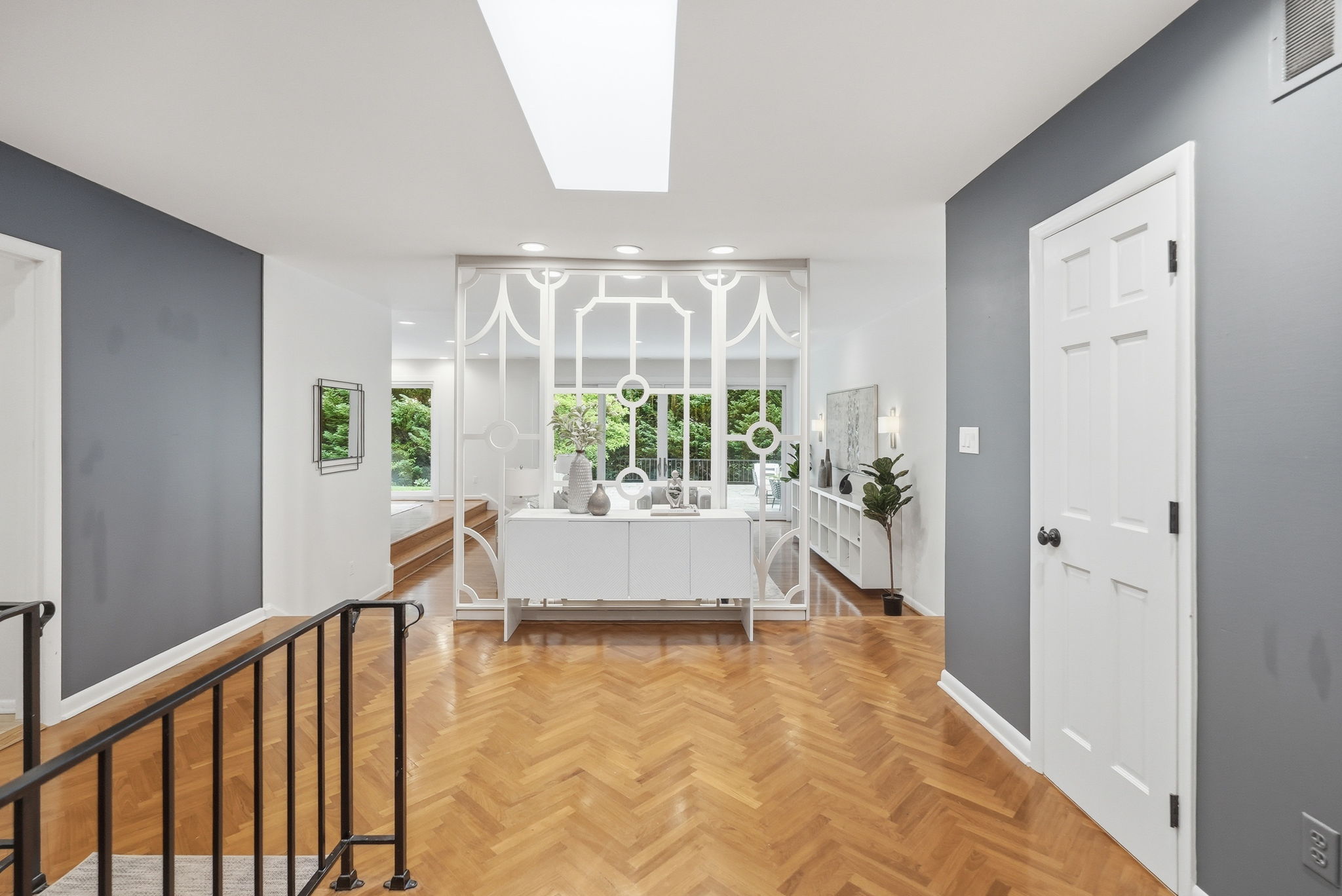 Herringbone Wood Floors and Skylight