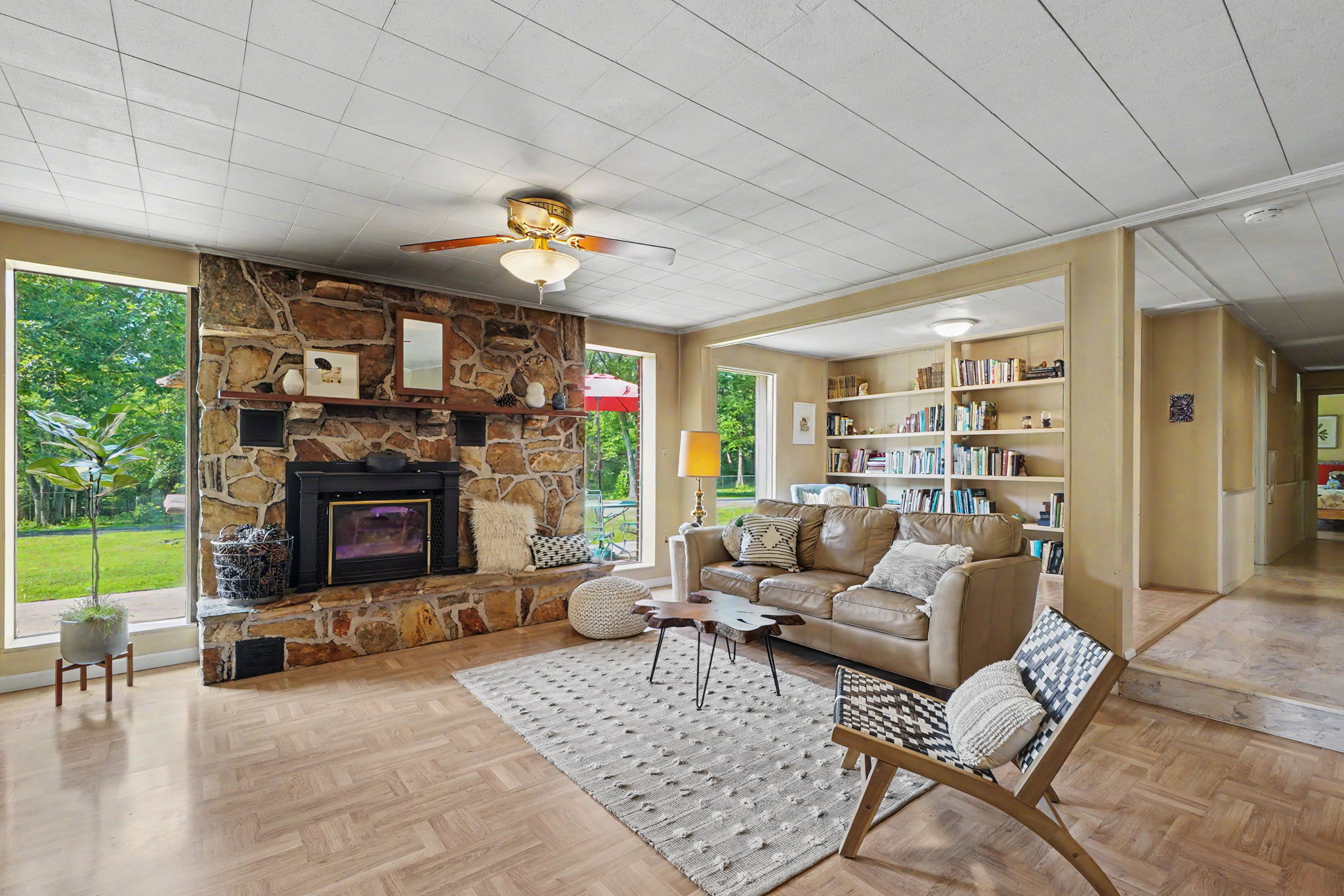 Warm and inviting Great Room with wood stove